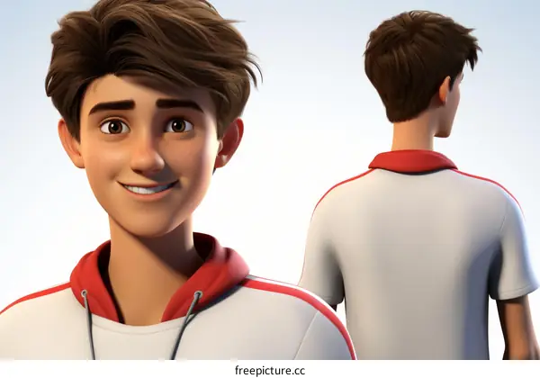 Brown-haired boy in white and red tracksuit smiling