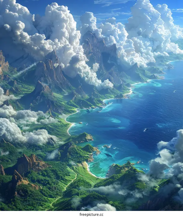 Floating Mountain Islands Over a Crystal Sea