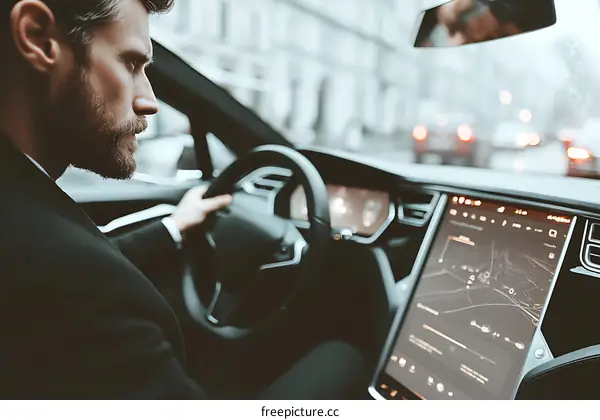 Businessman Driving Electric Car in City