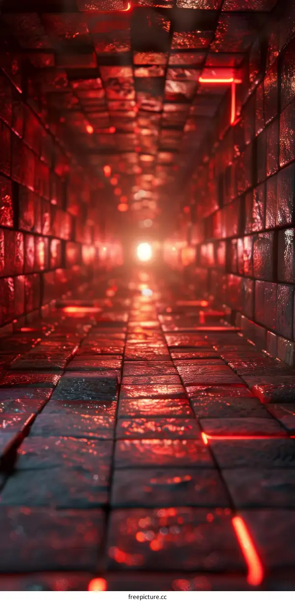 Red brick tunnel with glowing red light at the end