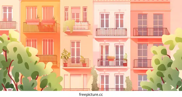Colorful Building Illustration with Balconies and Green Plants