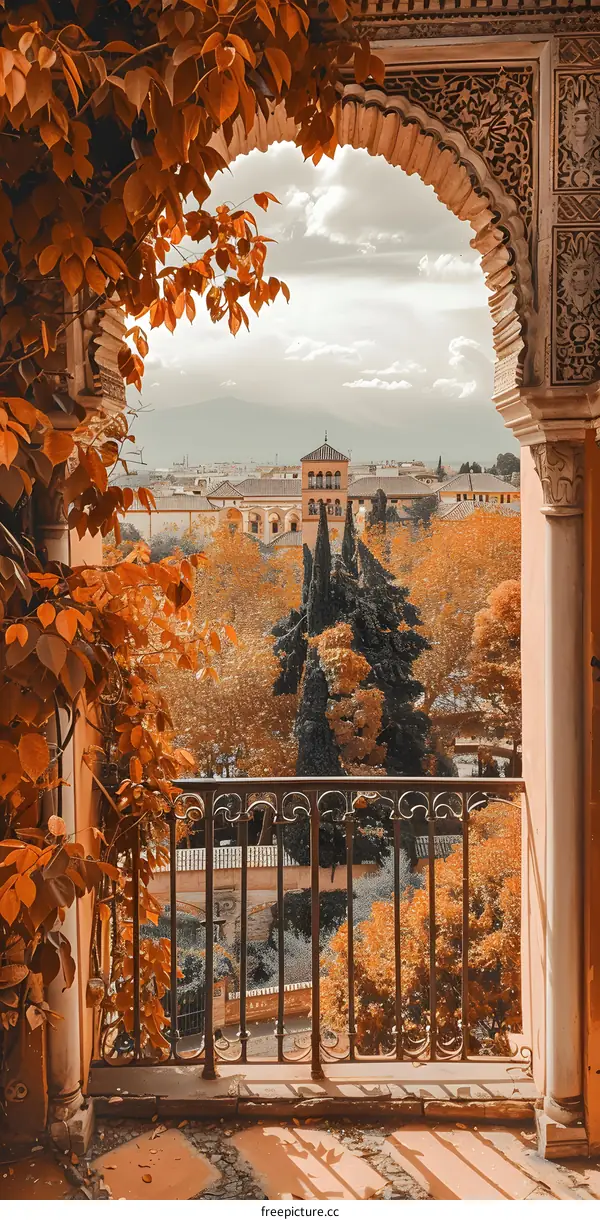 View Through Archway of Orange Trees in Autumn