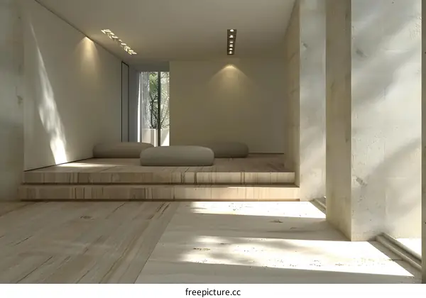 Minimalist Interior Design With Wooden Flooring and Concrete Pillars