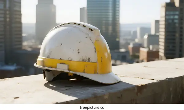 Construction helmet on a building rooftop with cityscape in the background