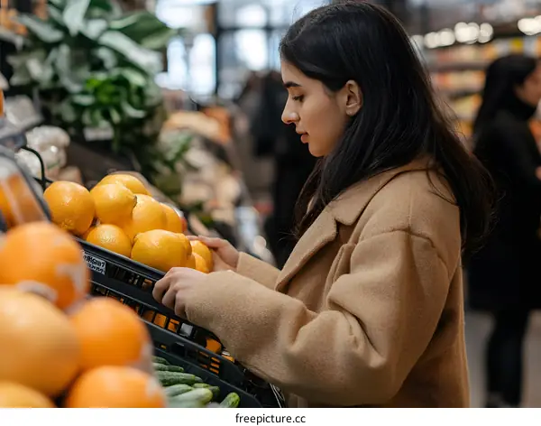 Woman Choosing Oranges in a Grocery Store