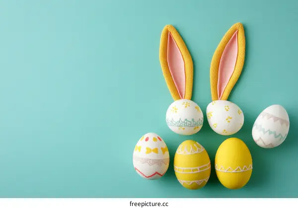 Easter Eggs and Bunny Ears on a Teal Background