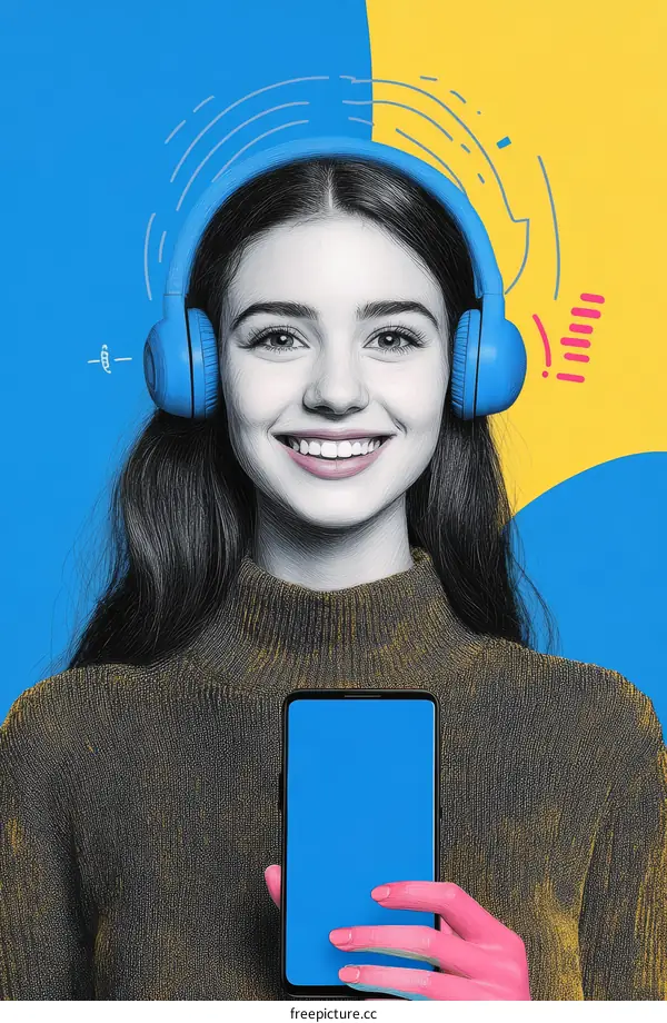 Woman with Headphones and Phone in Pop Art Style