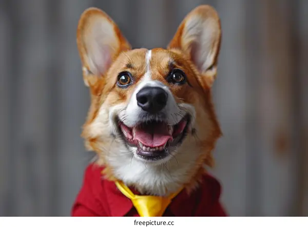 A happy corgi dog wearing a red shirt and yellow tie