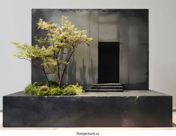 Minimalist Concrete Model with Greenery and Doorway