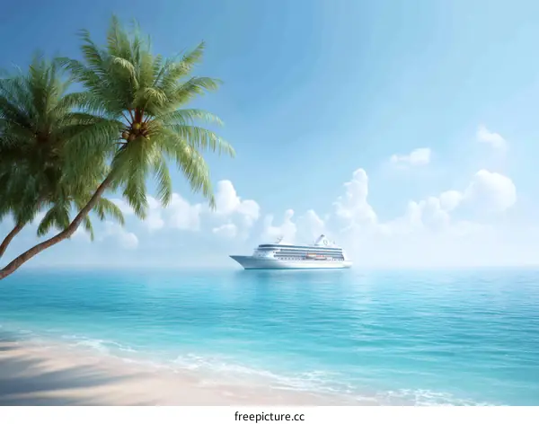 Tropical Beach Scene with Cruise Ship