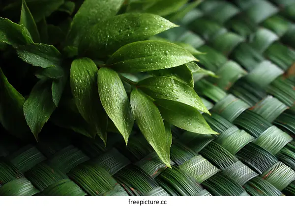 Close-up Fresh Green Leaves on Woven Mat