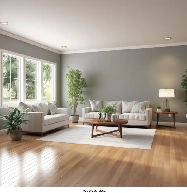 Airy and bright living room with large windows and plants