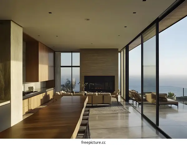 Modern Home Interior With Ocean View And Fireplace