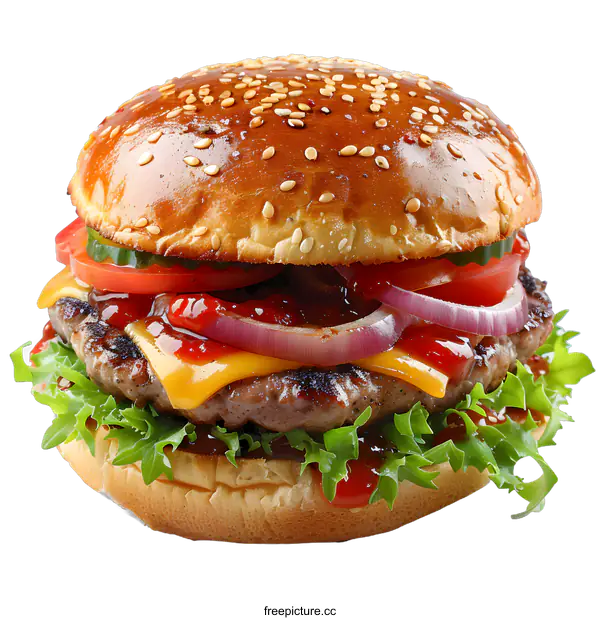 [Transparent Background PNG]yummy cheeseburger with tomato cucumber and onion