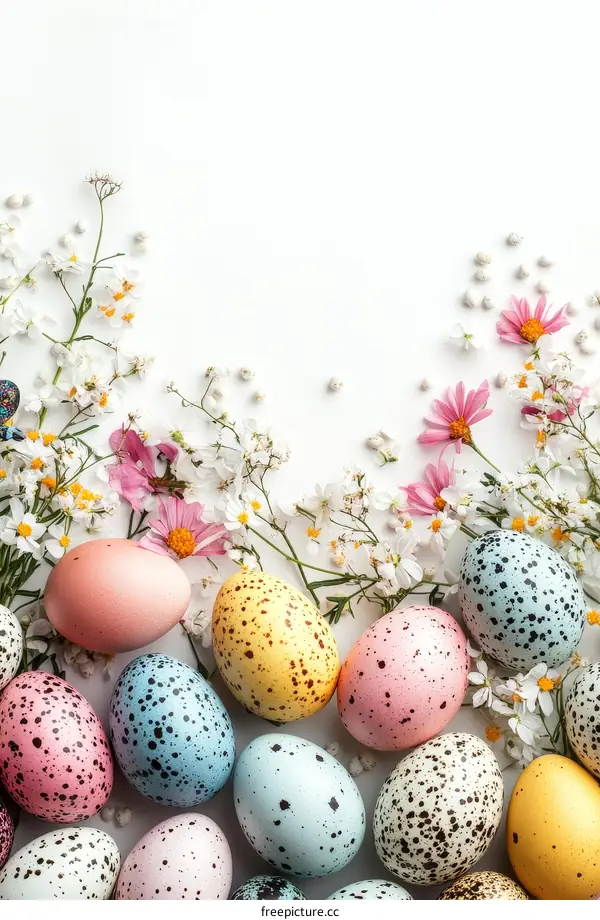 Colorful Easter Eggs and Flowers on White Background