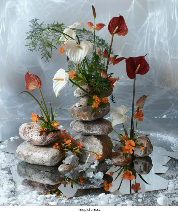 Calla lilies and anthuriums with stones