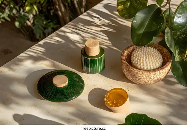Green and Gold Luxury Spa Products on Marble Surface