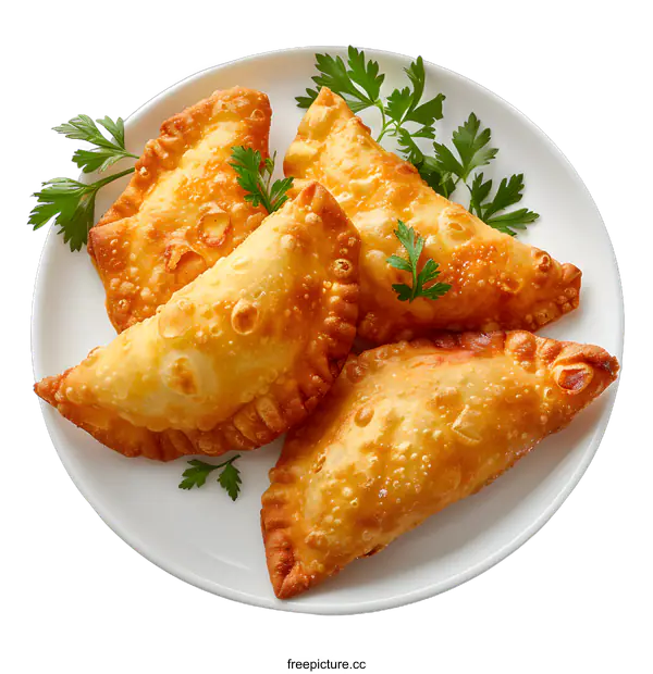 [Transparent Background PNG]Four fried pastries on a white plate with parsley leaves