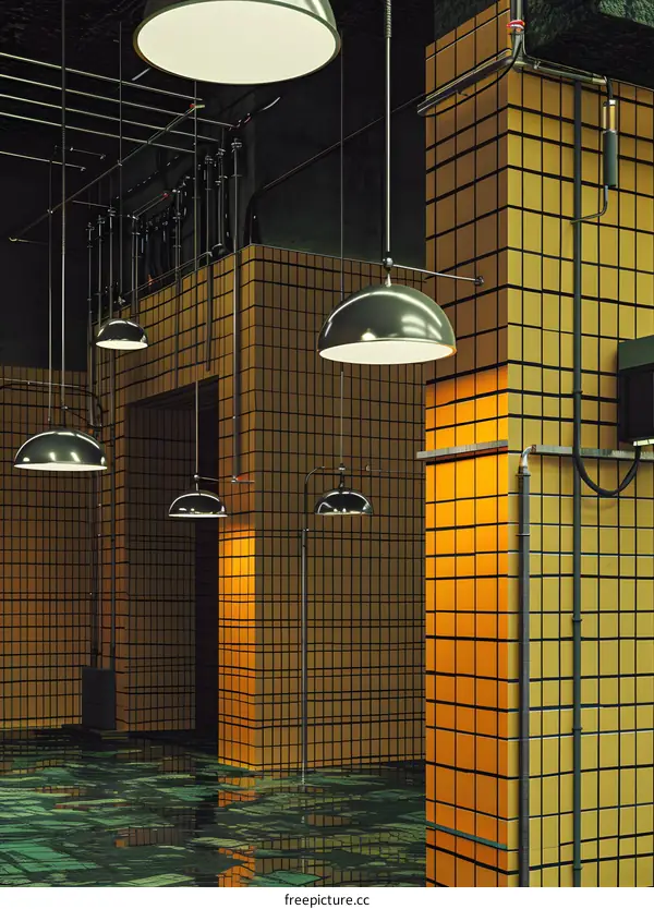 Futuristic Interior Design With Yellow Tiled Walls And Green Floor