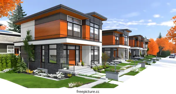 A row of modern townhouses with large windows and colorful accents