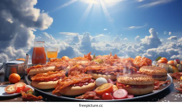 A table full of bacon and other food items with clouds in the background