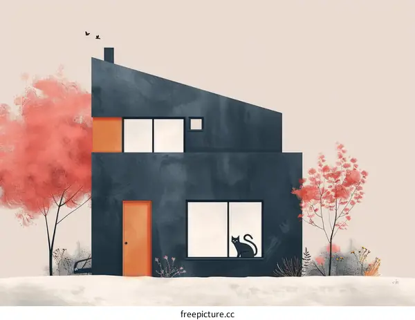 A black cat looks out the window of a blue house, while a tree and a car are outside