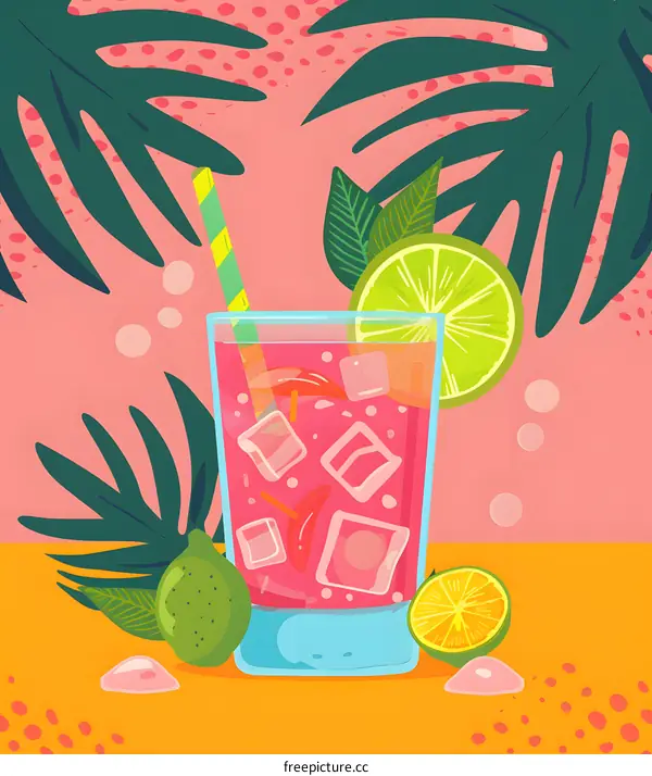 Summer Cocktail Illustration With Green Leaves And Lime
