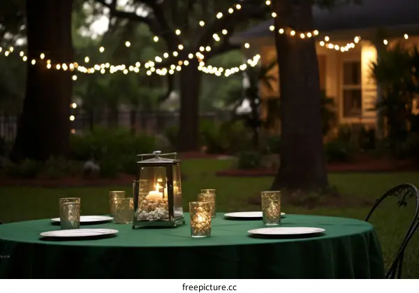 Outdoor garden table setting with lighting