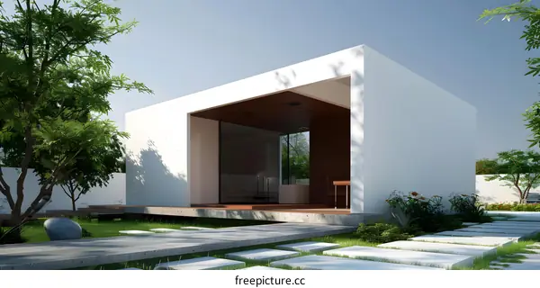 Modern Minimalist House Exterior Design with Green Grass and Concrete Pathway