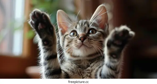 A cute tabby kitten is reaching up with its paws in the air