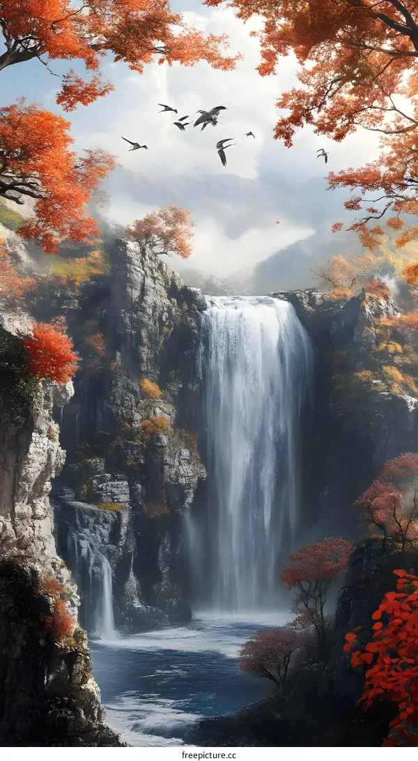 Autumn Landscape with Waterfall and Flying Birds