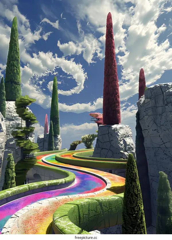 Fantasy Landscape with Rainbow Path and Tall Trees