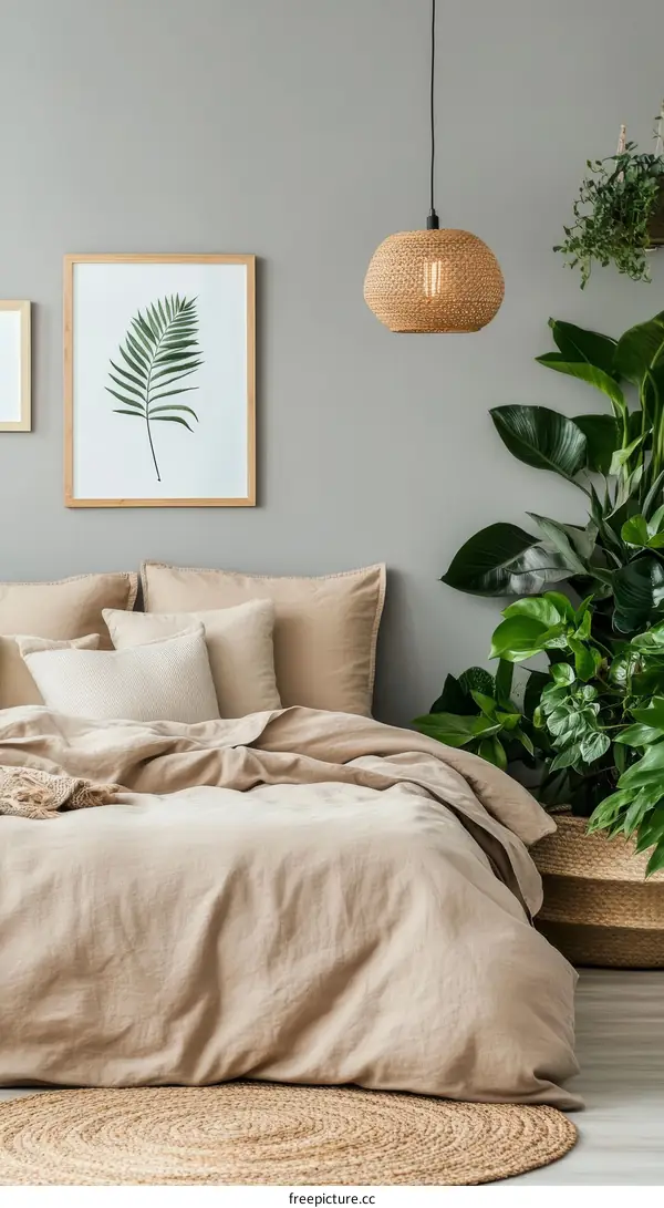 Beige Bedroom Interior with Woven Pendant Light