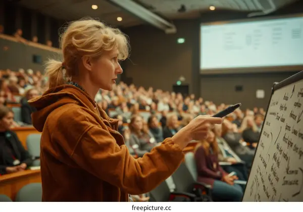Woman writing on a board during a conference