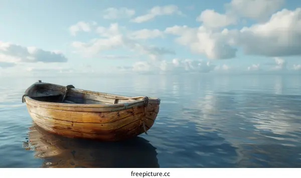 Wooden boat floating on calm water with a cloudy sky
