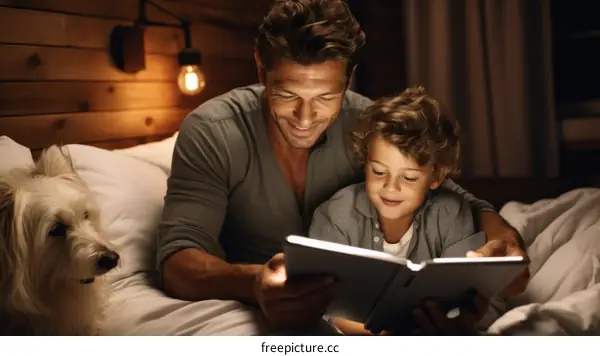 Father reading a book to his son and dog
