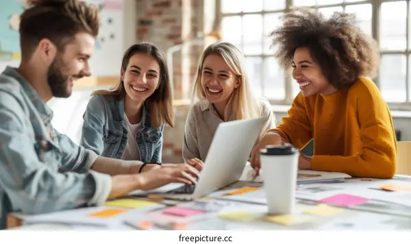 Multiethnic group of young business people working together on laptop in modern office