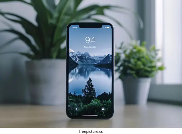 Smartphone with a Mountain Lake Wallpaper