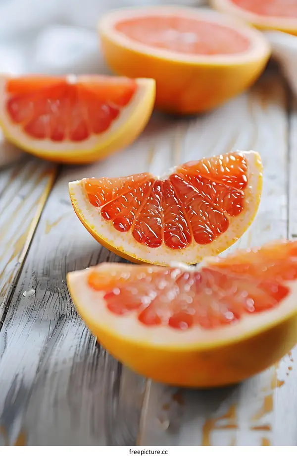 Fresh Grapefruit Slices on Wooden Background