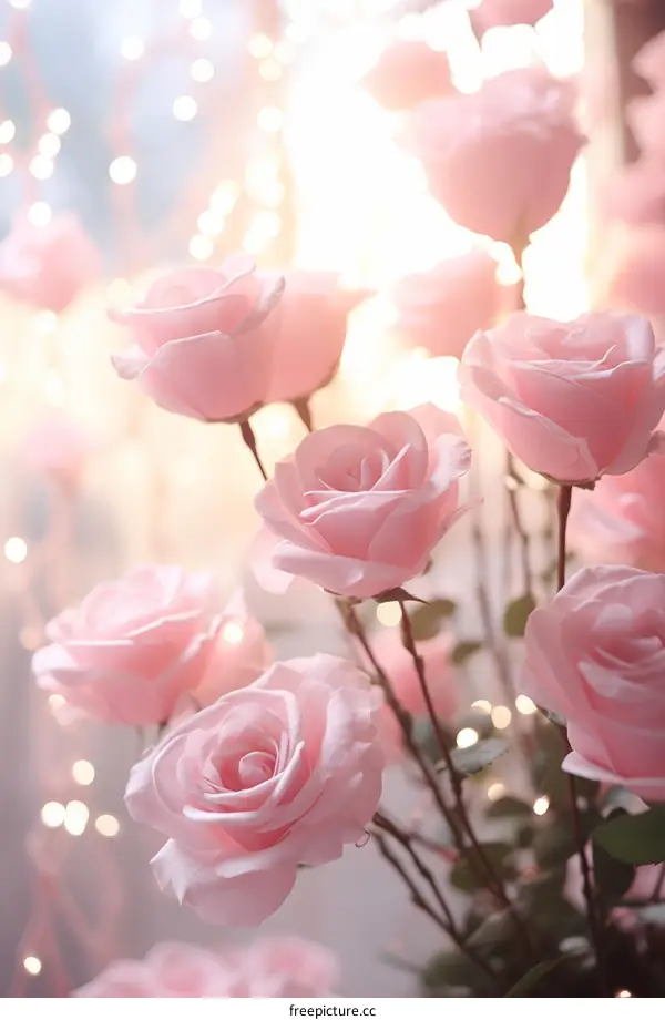 Pink roses in soft focus with a blurred background of twinkling lights.