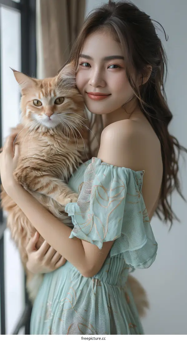 A young woman is hugging an orange cat