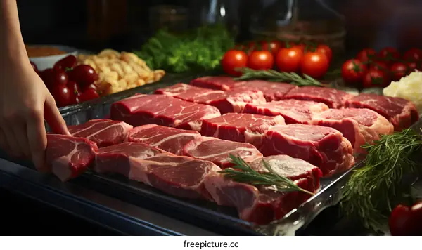 A variety of fresh steaks are on display at a butcher shop.