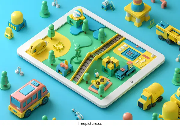 3D illustration of a miniature city on a tablet