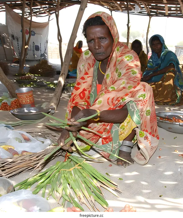 Indian Woman Making a Broom from Palm Leaves