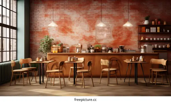 cozy coffee shop interior with brick walls and wooden furniture