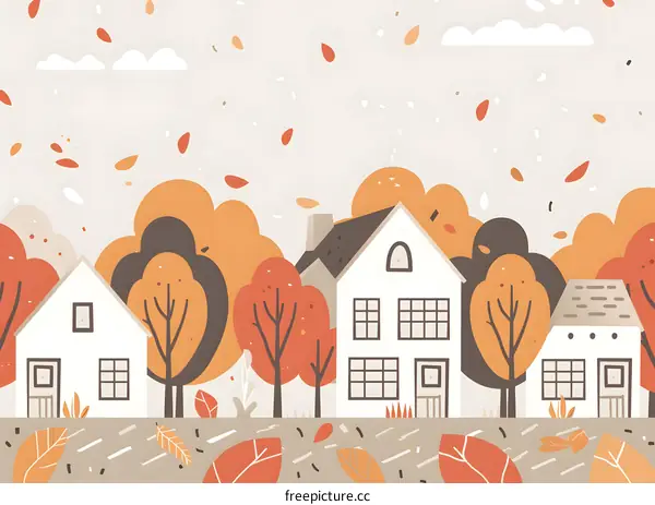 Autumn Landscape With Houses and Trees Illustration