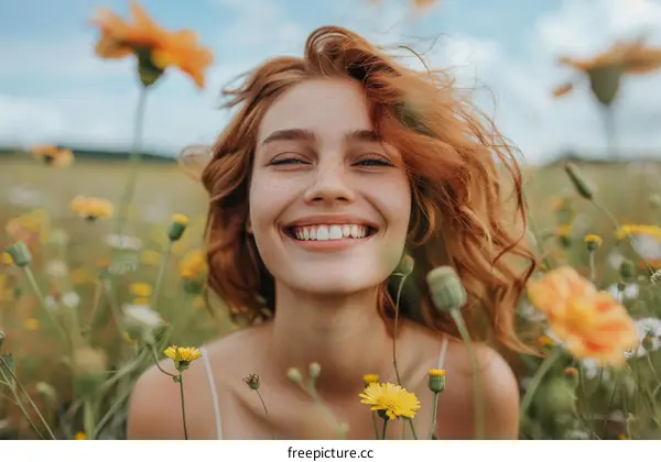 Portrait of a happy young woman with red hair and freckles smiling in a field of flowers