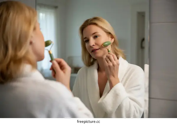 Woman Using Jade Roller on Face in Bathroom Mirror