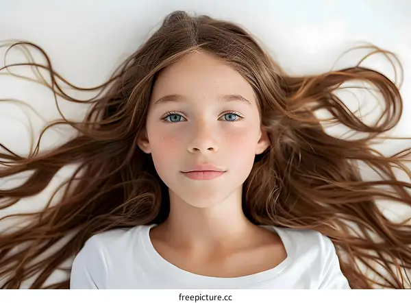 Portrait of a girl with freckles and blue eyes
