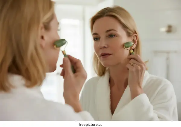 A woman using jade rollers for facial massage in bathroom